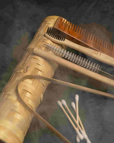 Bamboo Tribal Kit - Bathroom Essentials for Travel – Toothbrush on Brown Living™. SKU: 192 - 08706 - bambootravelkit. Img 1.