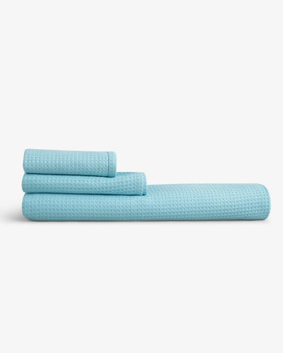 Bath, Hand & Face Towel | Sorrento Waffle Aqua - Set of 3 – Bath Linens on Brown Living™. SKU: WBS002. Img 1.