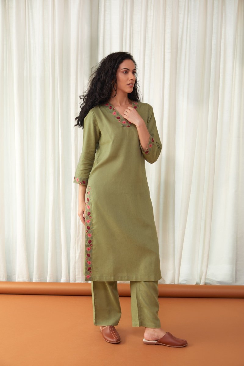 Bay Leaf Green Linen Kurta with Farshi Pants | Verified Sustainable Womens Kurta on Brown Living™