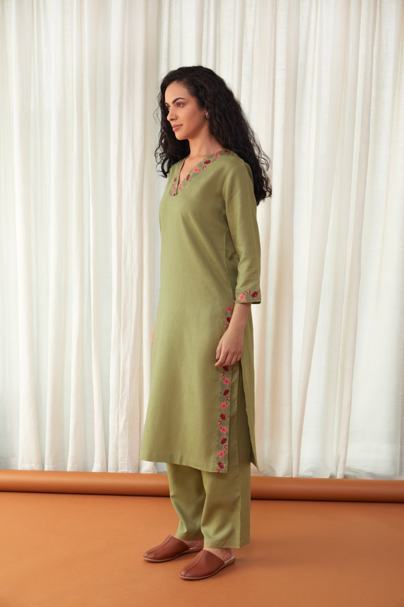 Bay Leaf Green Linen Kurta with Farshi Pants | Verified Sustainable Womens Kurta on Brown Living™