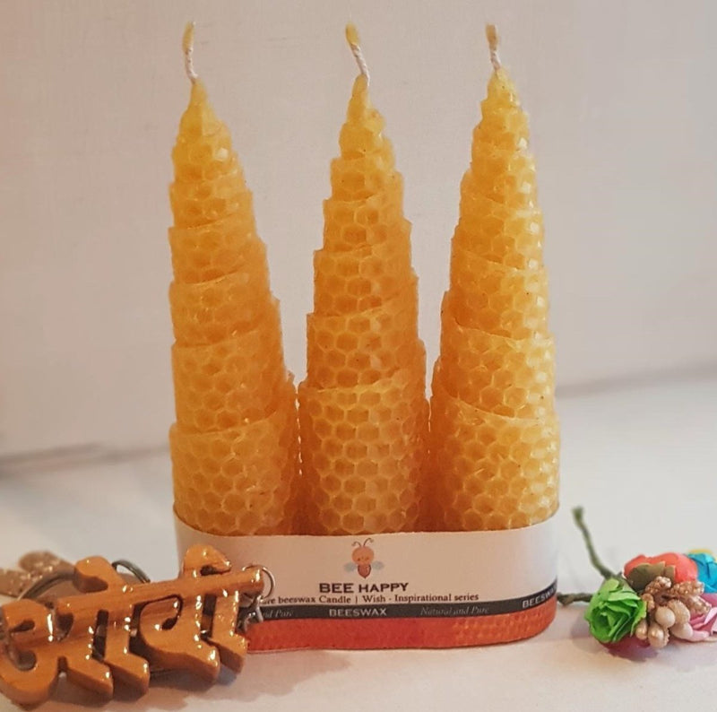 Buy BEE Happy | Pure Beeswax Hand-Rolled Tree Candle pack of 3 | Shop Verified Sustainable Candles & Fragrances on Brown Living™
