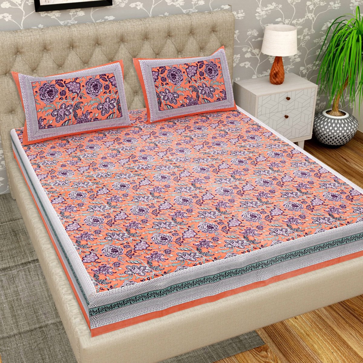 Floral Print Pure Cotton King Size Bedsheet with 2 Pillow Covers | Verified Sustainable by Brown Living™