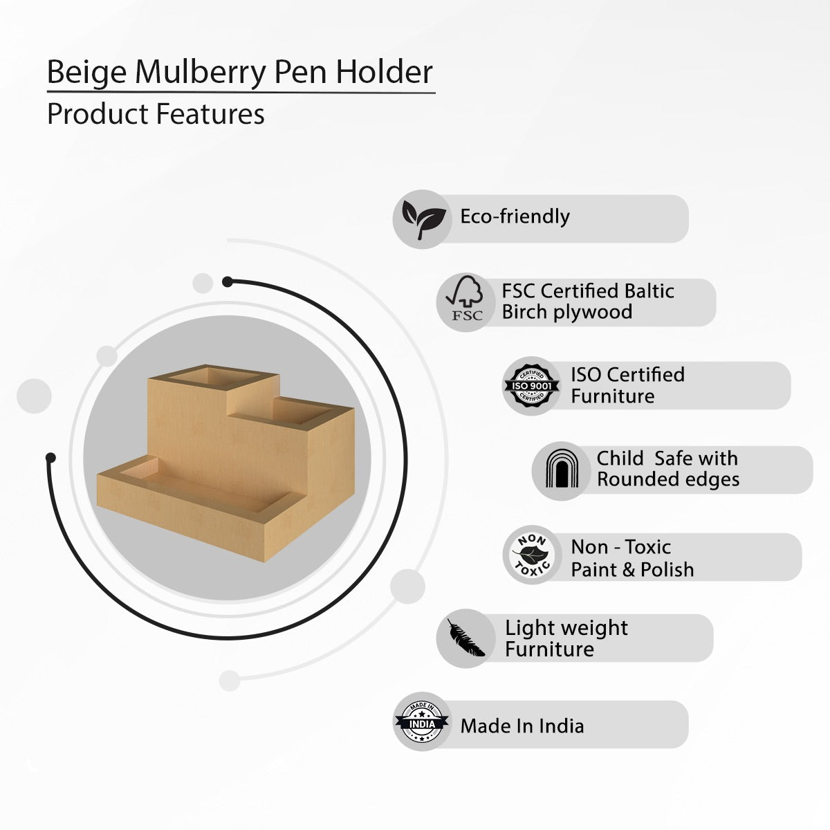 Beige Mulberry | Wooden Pen Holder | Verified Sustainable by Brown Living™