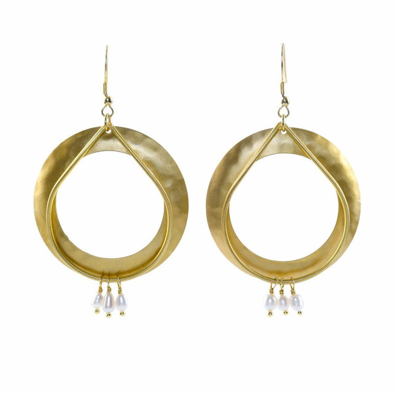 Buy Big Ring Shaped with Pearls Handcrafted Brass Textured Earrings | Shop Verified Sustainable Products on Brown Living