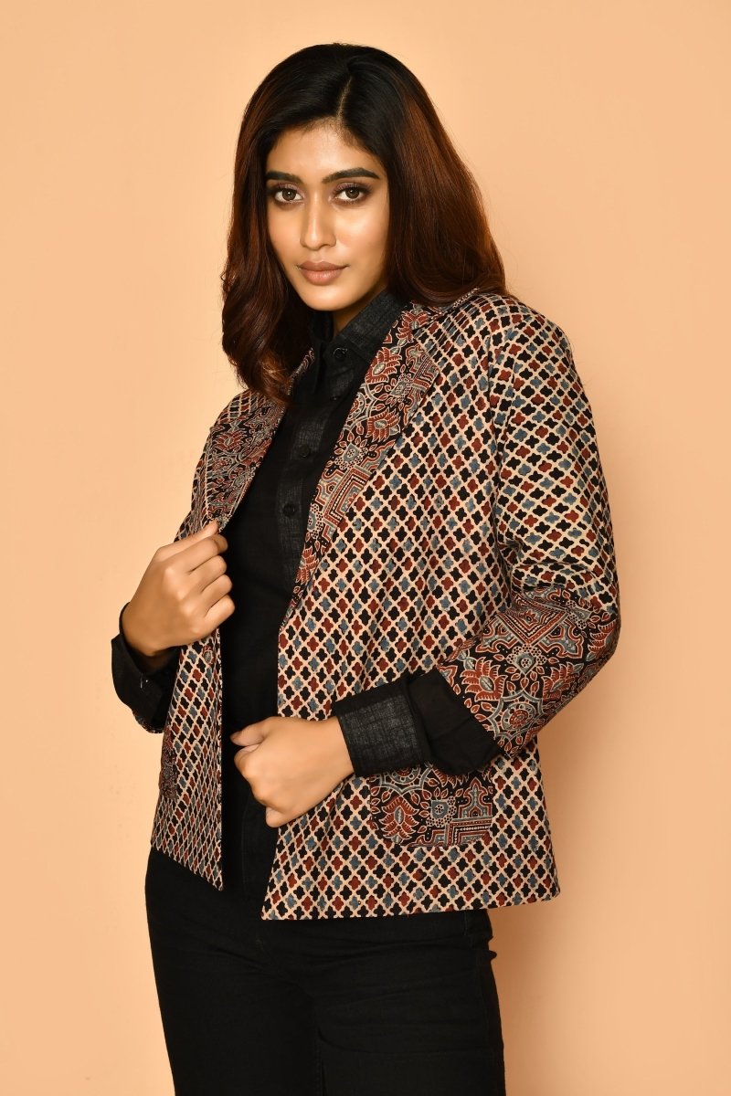 Black Ajharak Coat Cotton Jacket for Women | Verified Sustainable by Brown Living™