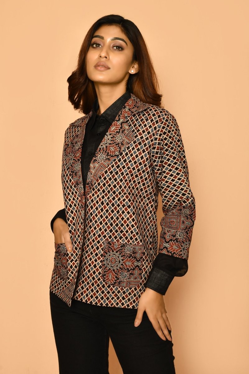 Black Ajharak Coat Cotton Jacket for Women | Verified Sustainable by Brown Living™