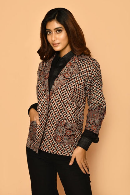 Black Ajharak Coat Cotton Jacket for Women | Verified Sustainable by Brown Living™