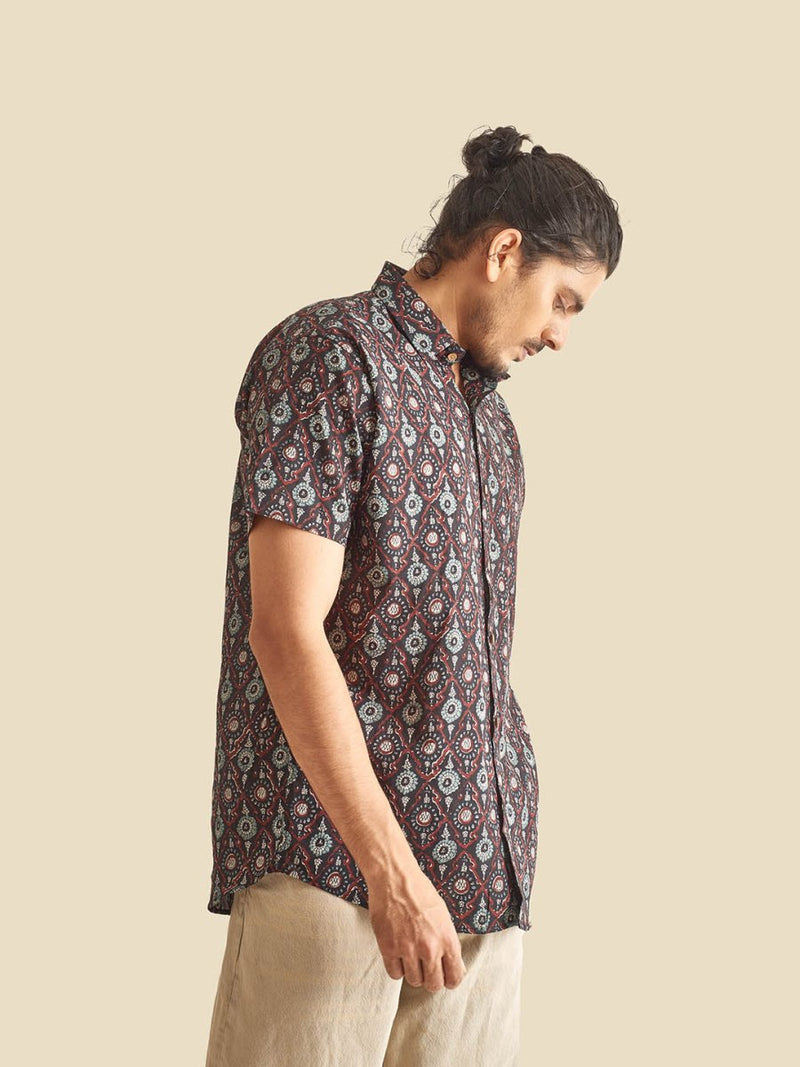 Buy Black Ethnic Printed Festive Halfsleeves Cotton Shirt | Shop Verified Sustainable Mens Shirt on Brown Living™