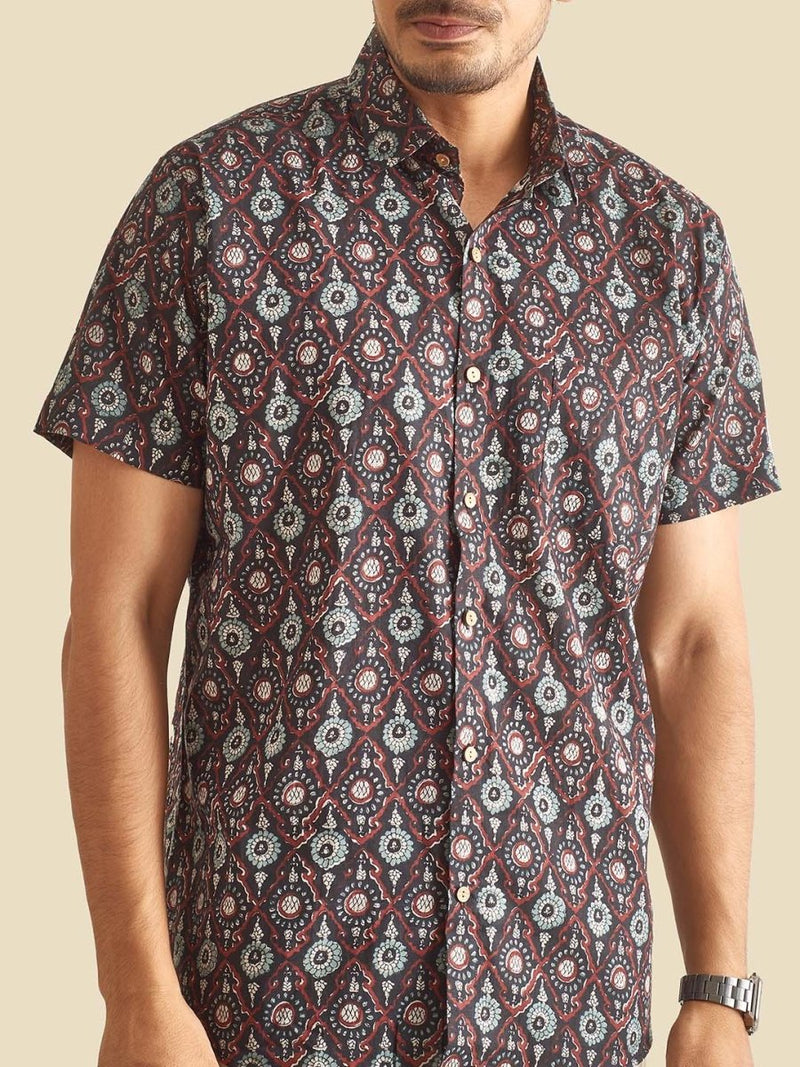 Buy Black Ethnic Printed Festive Halfsleeves Cotton Shirt | Shop Verified Sustainable Mens Shirt on Brown Living™