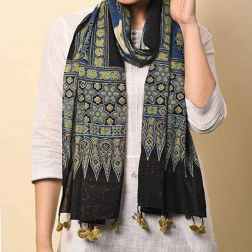 Buy Black-Green Ajrakh Printed Cotton Stole | Shop Verified Sustainable Products on Brown Living