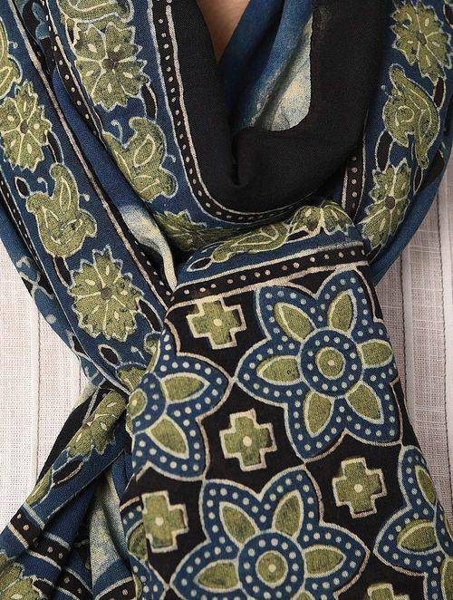 Buy Black-Green Ajrakh Printed Cotton Stole | Shop Verified Sustainable Womens Scarf on Brown Living™