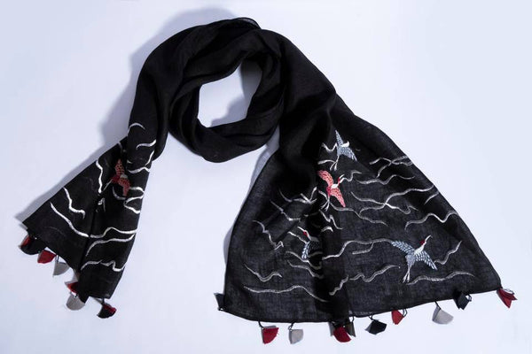 Buy Black Linen Scarf With Embroidered Cranes & Hand-Made Tassels | Shop Verified Sustainable Womens Scarf on Brown Living™