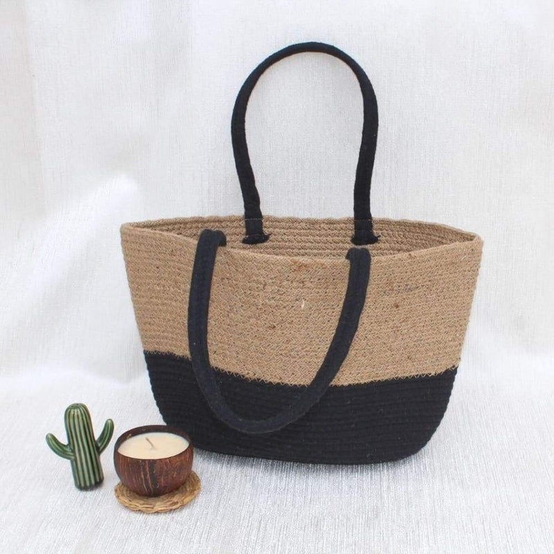 Black/Beige Jute Tote Bag | Verified Sustainable Womens Bag on Brown Living™