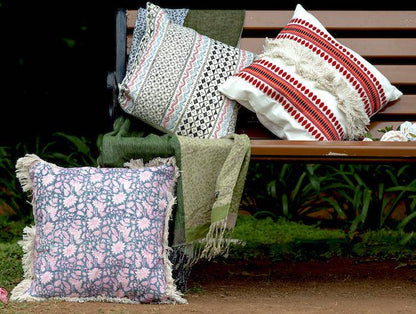 Block Print Blue Cushion Cover with Frill - Size 16x16 inches. Pack of 1 | Verified Sustainable by Brown Living™