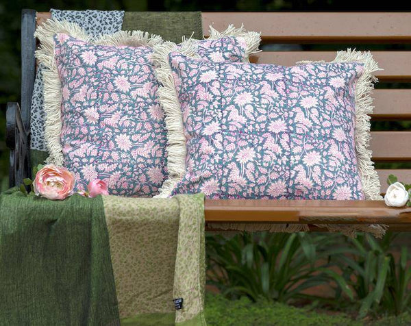 Buy Block Print Blue Cushion Cover with Frill Size 16x16 inches