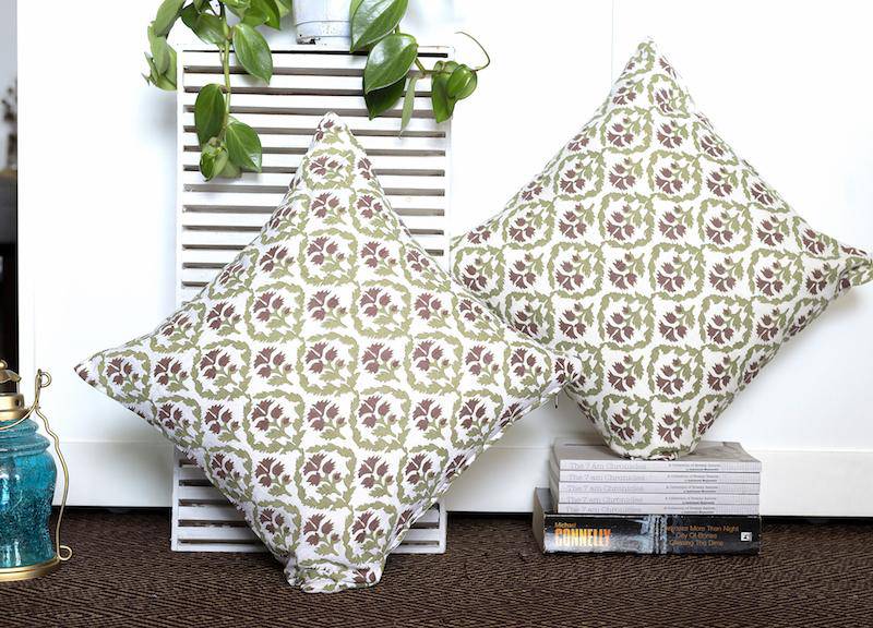 Buy Block Print Cushion Cover with Premium Handmade Cotton Fabric - White Jaal - pack of 2 and 5 | Shop Verified Sustainable Products on Brown Living