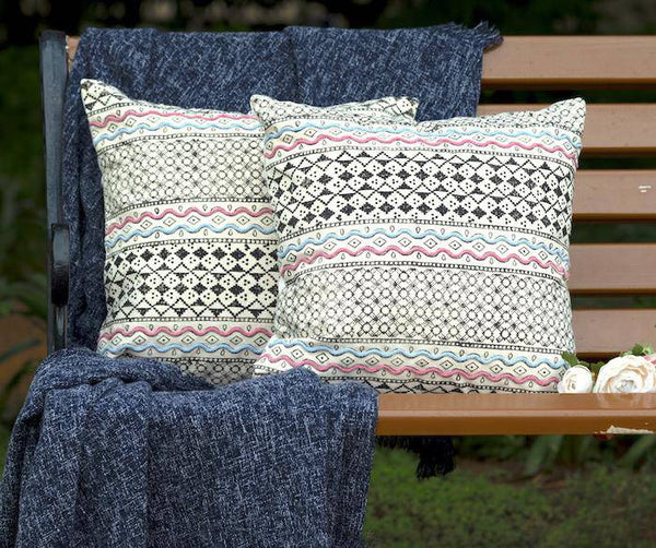 Buy Block Print with Dori Handwork Cushion Cover - 16x16 inches. Pack of 1 | Shop Verified Sustainable Covers & Inserts on Brown Living™
