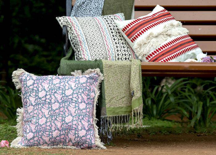 Block Print with Dori Handwork Cushion Cover - 16x16 inches. Pack of 1 | Verified Sustainable by Brown Living™