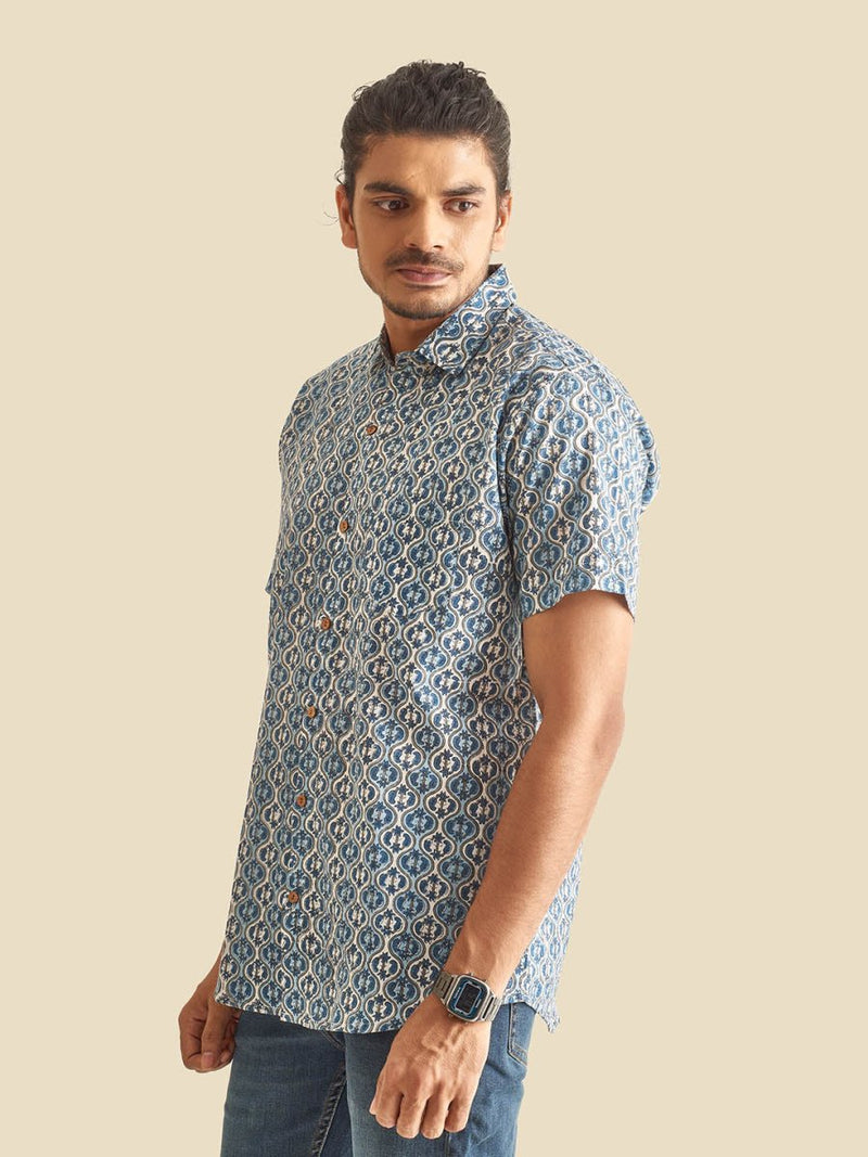 Buy Blue and White Ethnic Block Printed Holiday Halfsleeves Cotton Shirt | Shop Verified Sustainable Mens Shirt on Brown Living™