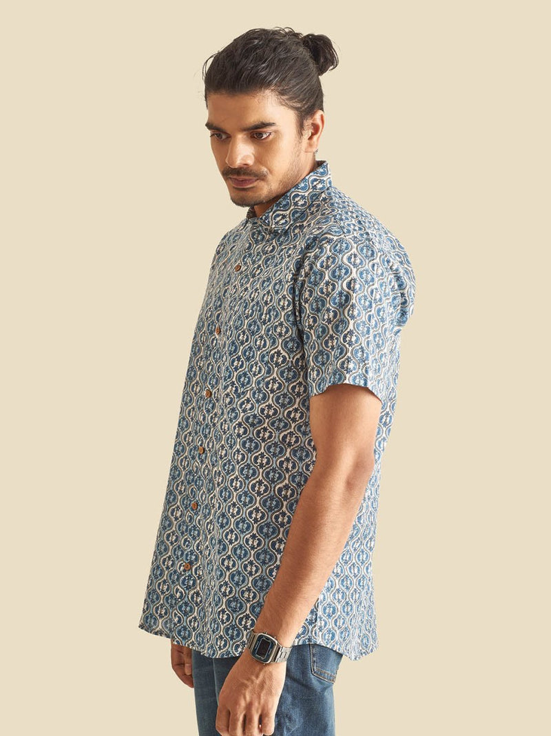 Buy Blue and White Ethnic Block Printed Holiday Halfsleeves Cotton Shirt | Shop Verified Sustainable Mens Shirt on Brown Living™