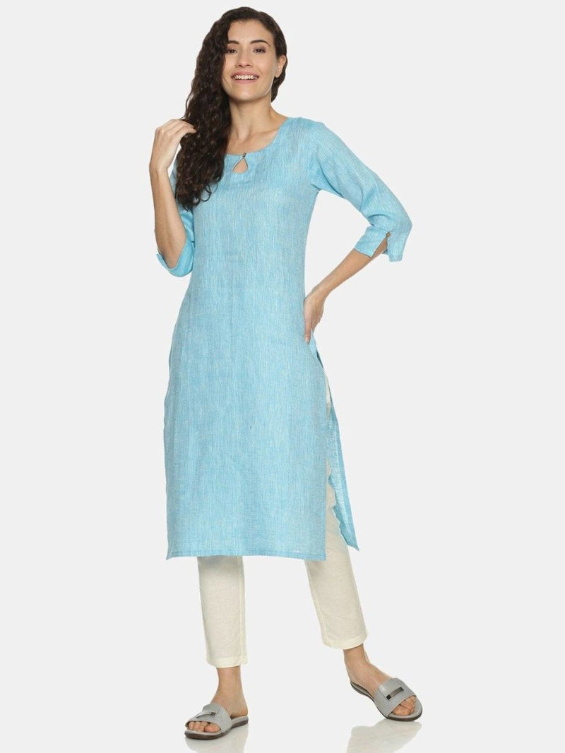 Buy Blue Colour Solid Hemp Straight Long Kurta For Women | Shop Verified Sustainable Products on Brown Living