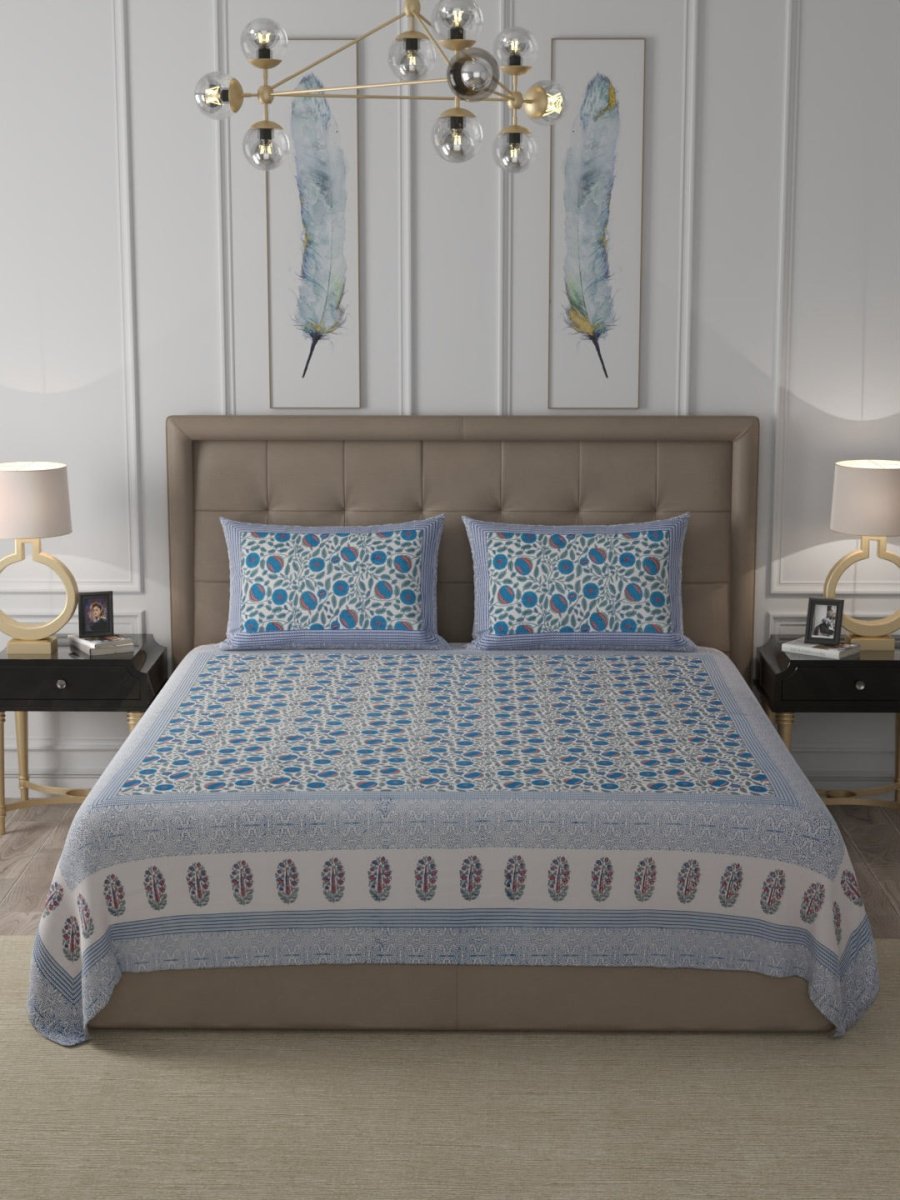 Blue Elegant Hand Block Paisley Print Cotton Super King Size Bedding Set | Verified Sustainable by Brown Living™