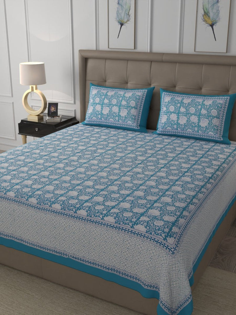 Buy Blue Elegant Hand Block Print Pure Cotton Super King Size Bedsheet with 2 Pillow Covers | Shop Verified Sustainable Bedding on Brown Living™