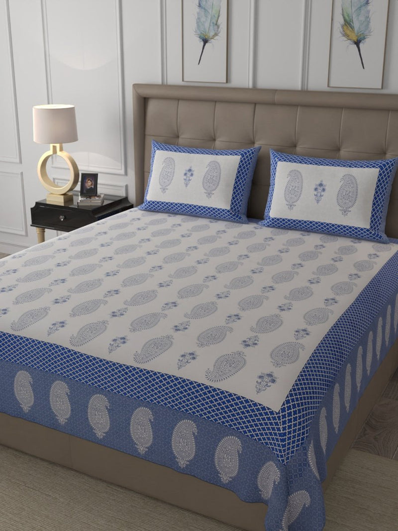 Buy Blue Elegant Hand Block Print Pure Cotton Super King Size Bedsheet with 2 Pillow Covers | Shop Verified Sustainable Bedding on Brown Living™