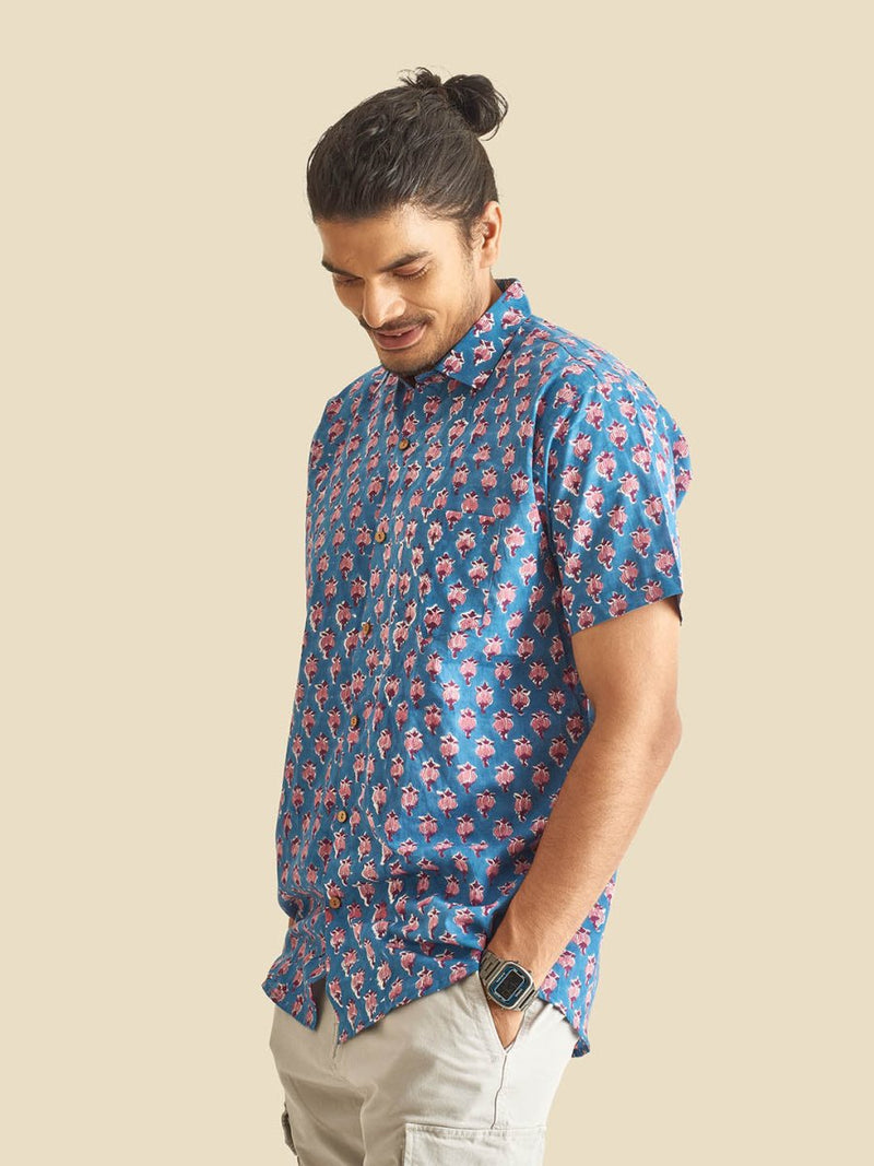 Buy Blue Floral Block Printed Halfsleeves Cotton Shirt | Shop Verified Sustainable Mens Shirt on Brown Living™