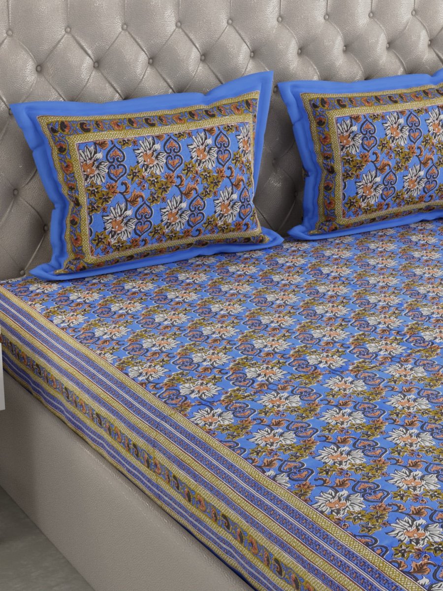 Blue Floral Hand Printed Pure Cotton King Size Bedding Set | Verified Sustainable by Brown Living™