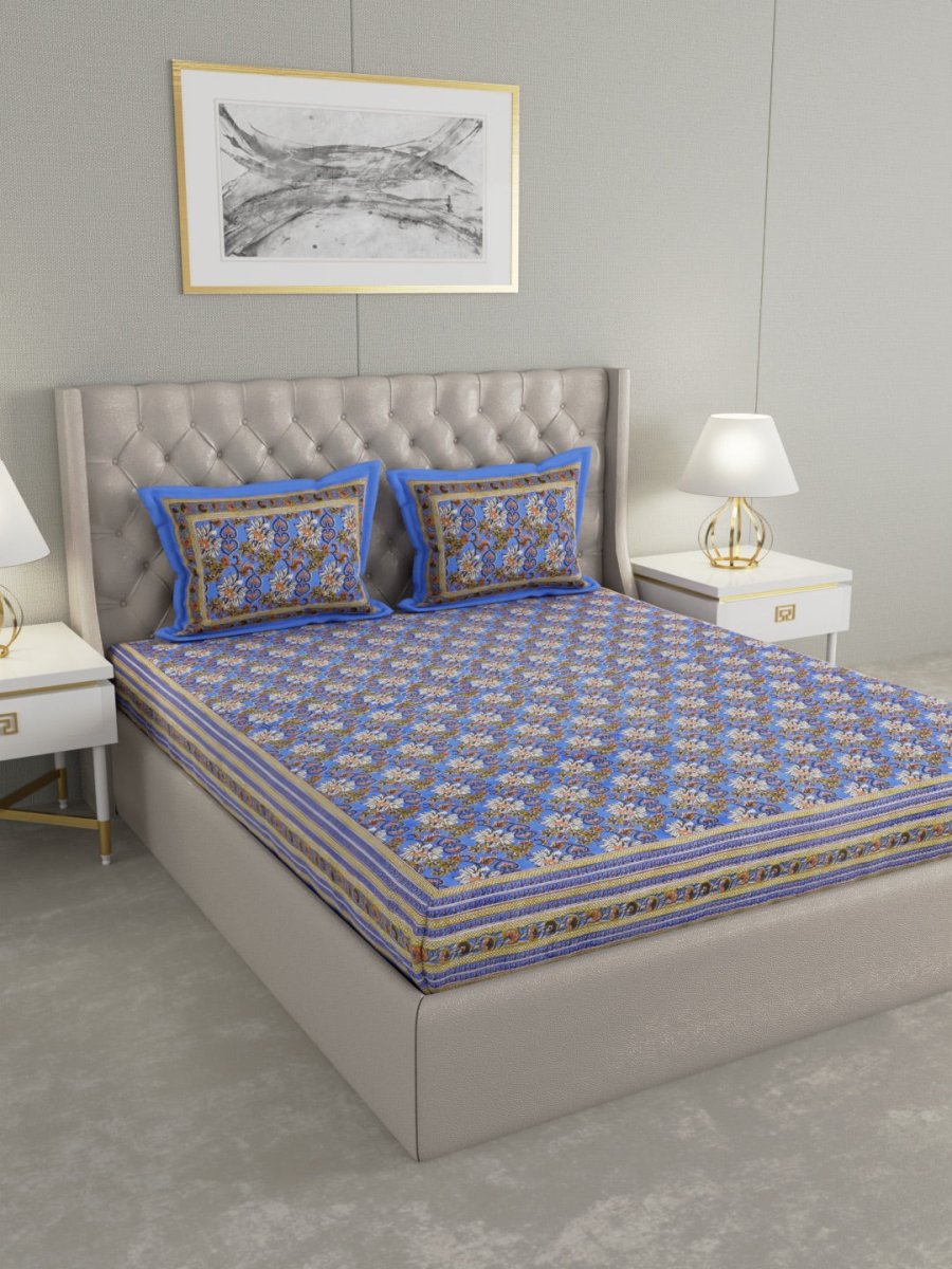 Blue Floral Hand Printed Pure Cotton King Size Bedding Set | Verified Sustainable by Brown Living™