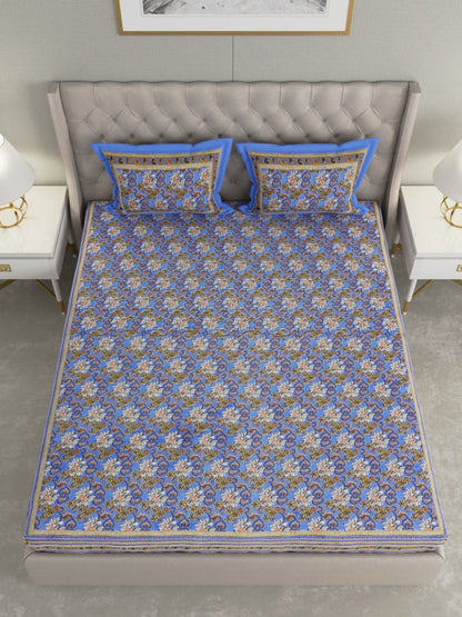 Blue Floral Hand Printed Pure Cotton King Size Bedding Set | Verified Sustainable by Brown Living™
