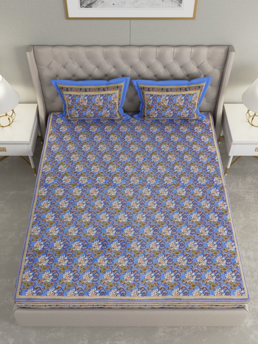 Blue Floral Hand Printed Pure Cotton King Size Bedding Set | Verified Sustainable by Brown Living™