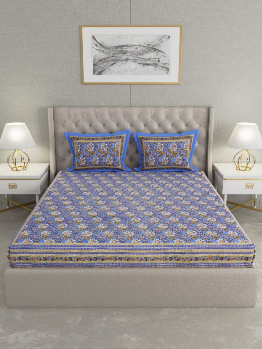 Blue Floral Hand Printed Pure Cotton King Size Bedding Set | Verified Sustainable by Brown Living™