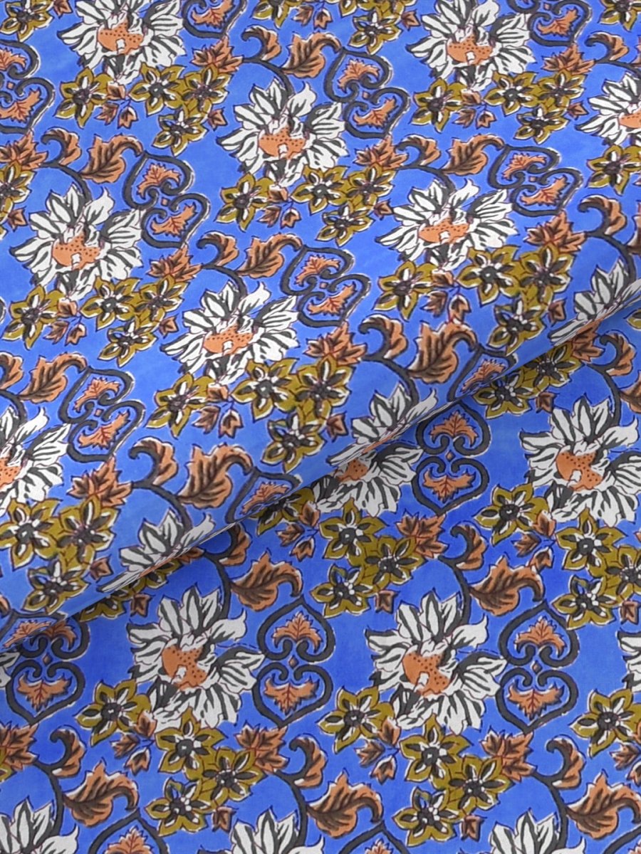 Blue Floral Hand Printed Pure Cotton King Size Bedding Set | Verified Sustainable by Brown Living™