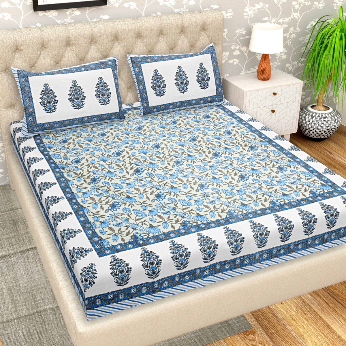 Floral Print Pure Cotton Super King Size Bedsheet with 2 Pillow Covers | Verified Sustainable by Brown Living™