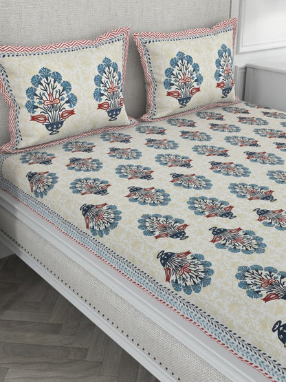 Hand Block Printed Pure Cotton Super King Size Bedsheet with 2 Pillow Covers | Verified Sustainable by Brown Living™