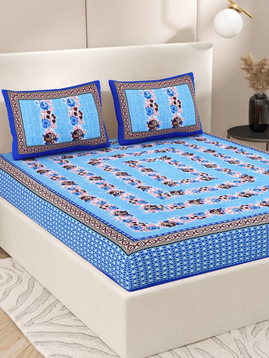 Interiors Floral Hand Block Printed Cotton Queen Size Bedding Set | Verified Sustainable by Brown Living™