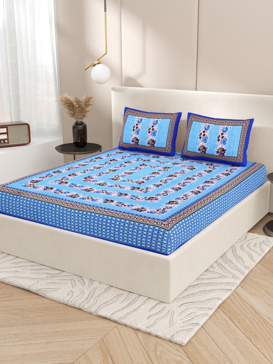 Interiors Floral Hand Block Printed Cotton Queen Size Bedding Set | Verified Sustainable by Brown Living™