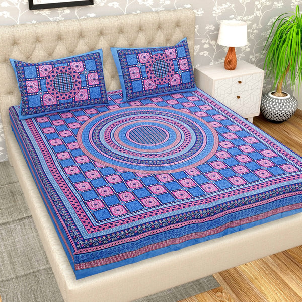 Buy Blue Jaipuri Print Pure Cotton Queen Size Bedsheet with 2 Pillow Covers | Shop Verified Sustainable Bedding on Brown Living™