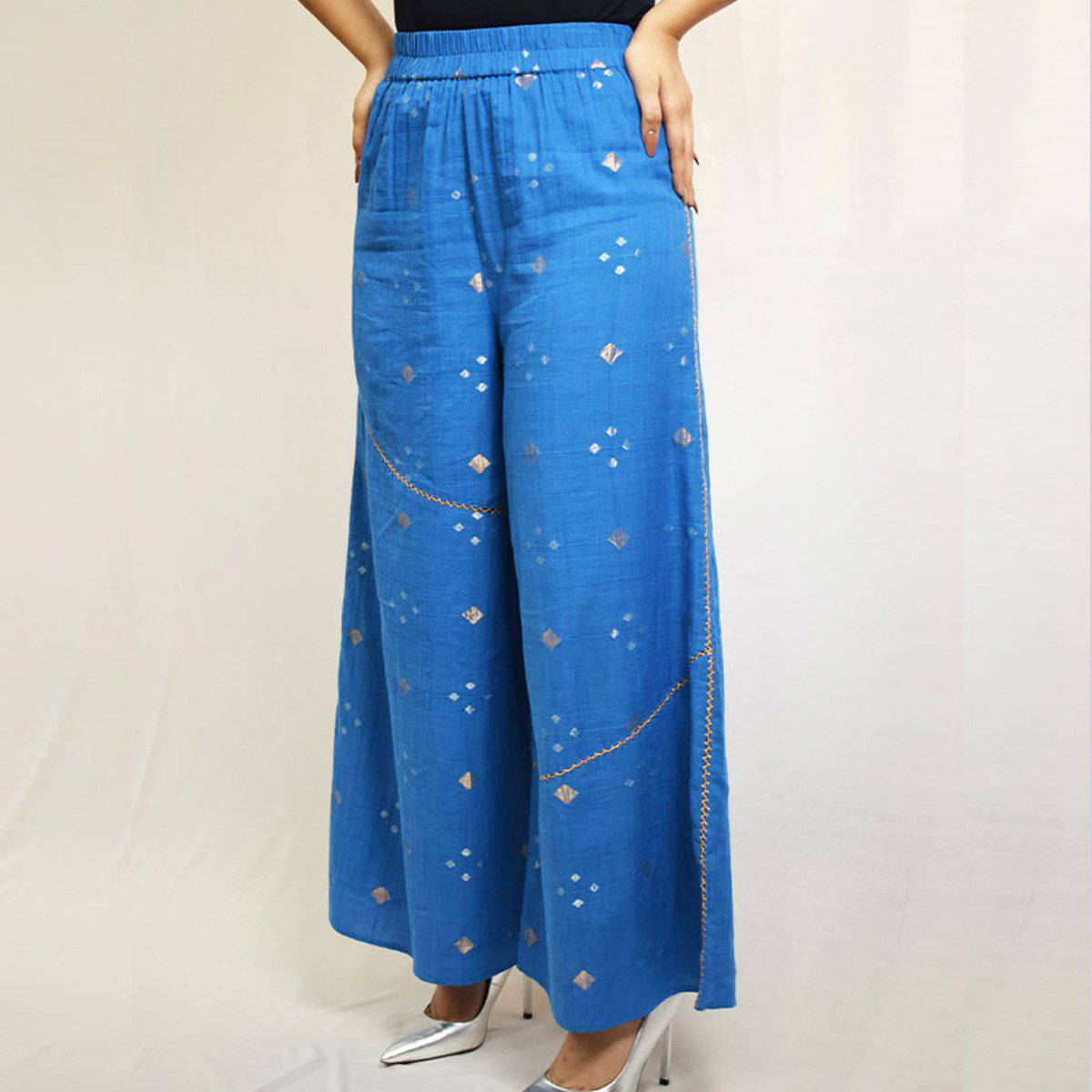 Blue Jamdani Pants – Womens Pants by Sonica Sarna available on Brown Living™. XS . SKU: 274 - 14335 - SSD - 113 - A. Img 3.