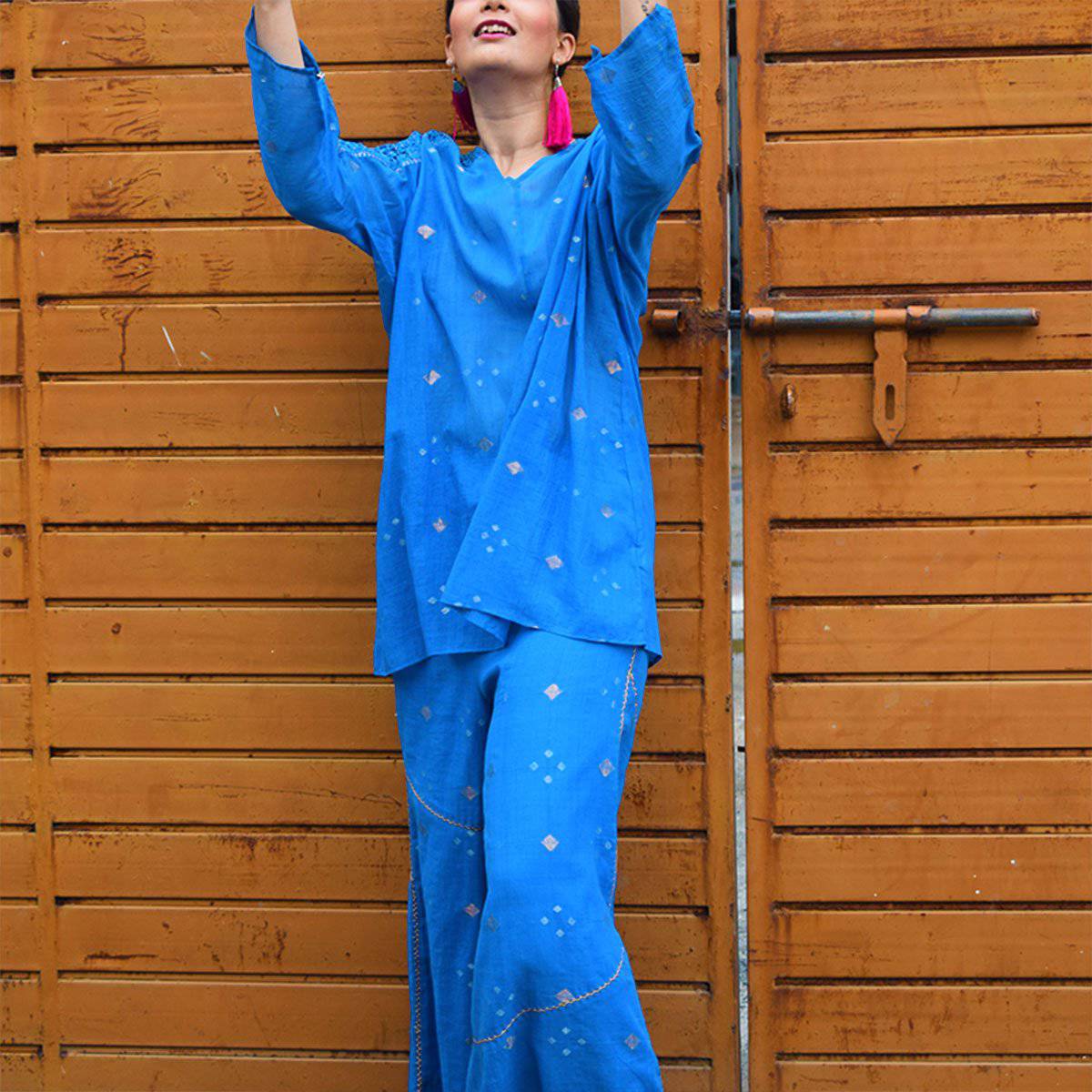 Blue Jamdani Pants – Womens Pants by Sonica Sarna available on Brown Living™. XS . SKU: 274 - 14335 - SSD - 113 - A. Img 1.