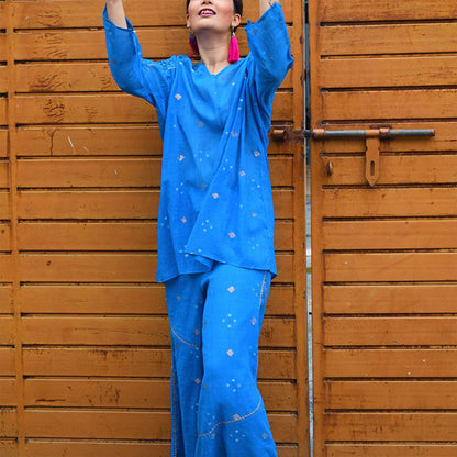 Blue Jamdani Pants – Womens Pants by Sonica Sarna available on Brown Living™. XS . SKU: 274 - 14335 - SSD - 113 - A. Img 1.