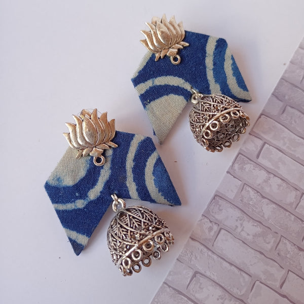 Buy Indigo Blue printed Lotus charm Handmade Jhumka fabric Earrings | Shop Verified Sustainable Womens earrings on Brown Living™