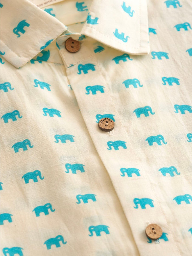 Buy Blue Mini Elephant Printed Cotton Shirt | Shop Verified Sustainable Mens Shirt on Brown Living™