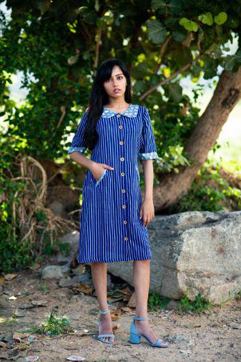 Blue Pin Striped Peter Pan Collar Dress | Verified Sustainable by Brown Living™