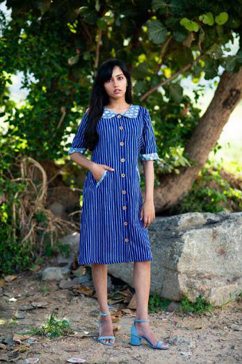 Buy Blue Pin Striped Peter Pan Collar Dress | Shop Verified Sustainable Womens Dress on Brown Living™