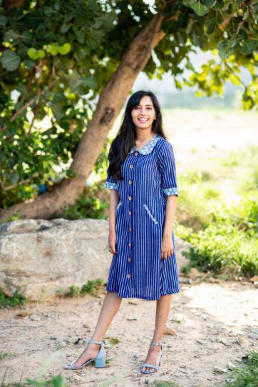 Blue Pin Striped Peter Pan Collar Dress | Verified Sustainable by Brown Living™