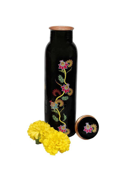 Bohemian Floral Copper Bottle - 1 Ltr with Free Cotton bag, Copper Purity certificate | Verified Sustainable by Brown Living™