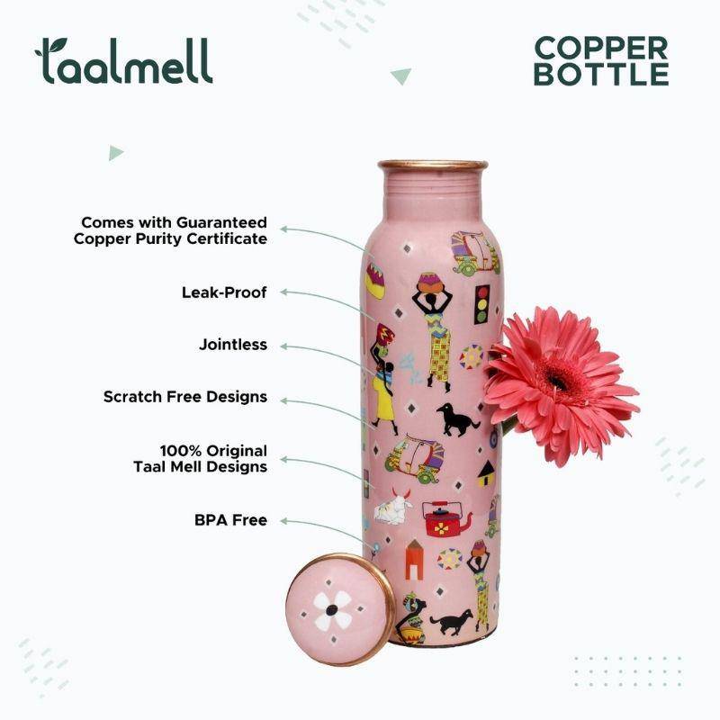 Bohemian Floral Copper Bottle - 1 Ltr with Free Cotton bag, Copper Purity certificate | Verified Sustainable by Brown Living™